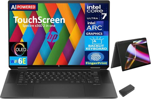HP Specter X360 AI محمول يعمل 2-in-1 المحمول 16.0 "شاشة تعمل باللمس OLED 2.8K (Intel Ultra 7-155H ، 32GB LPDDR5X ، 512GB SSD ، Backlit KB ، بصمة ، 2 Thunderbolt 4 ، WIFI 6E ، Win 11 Home) in Kuwait