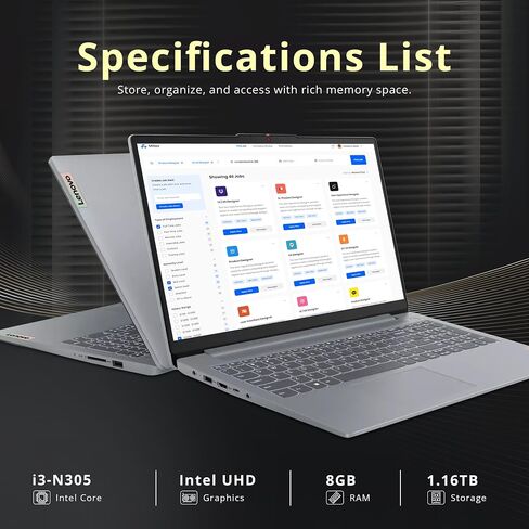 Lenovo Ideapad Slim 3 15.6 "FHD Anti-Glare Captop ، Intel I3-N305 ، 8GB LPDDR5 ، 1.16TB Storage (1TB SSD+160GB Station Station) ، NUM PAD ، HD Camera ، Dolby Audio ، WIFI 6 ، Win 11 ، Gray ، in Kuwait