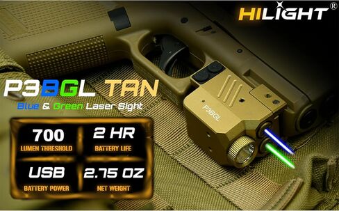 HiLight P3BGL TAN Blue Laser Sight Green Laser Sight 500lm مصباح يدوي لمسدس المسدس مع بطارية Micro USB قابلة لإعادة الشحن، درجة الطائرات العسكرية من الألومنيوم المؤكسد بلون أسمر ضارب للصفرة in Kuwait