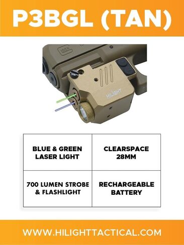 HiLight P3BGL TAN Blue Laser Sight Green Laser Sight 500lm مصباح يدوي لمسدس المسدس مع بطارية Micro USB قابلة لإعادة الشحن، درجة الطائرات العسكرية من الألومنيوم المؤكسد بلون أسمر ضارب للصفرة in Kuwait