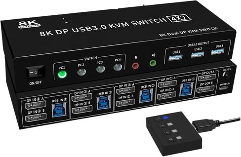 8K DP KVM USB 3.0 Switch 4X2 Dual Monitor 4K 144Hz Extended Display Displayport Switch 4 in 2 Out for 4 PC Share Keyboard Mouse(US Power Plug) in Saudi Arabia