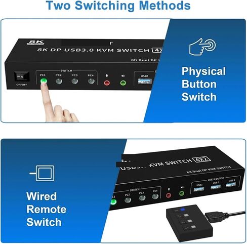 8K DP KVM USB 3.0 Switch 4X2 Dual Monitor 4K 144Hz Extended Display Displayport Switch 4 in 2 Out for 4 PC Share Keyboard Mouse(US Power Plug) in Saudi Arabia