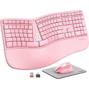 MEETION Wireless Ergonomic Keyboard and Mouse Combo, 2.4G Cordless Split Keyboard with Cushioned Palm Rest, Rechargeable Vertical Mouse, Natural Typing Full Size Keyboard, Windows/Mac Pink
