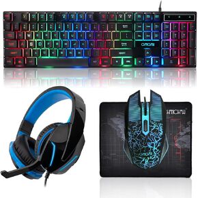Gaming LED Keyboard Mouse Headset and Mousepad Bundle, CHONCHOW Wired Rainbow LED Light Up Gaming Keyboard Mouse Headset, Value 4 in 1 Game Set for Xbox PS4 PS5 PC Laptop
