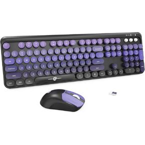 FD Wireless Keyboard and Mouse Combo - 2.4G Full-Sized Cute Colorful Mouse and Keyboard with 104 Round Keys Retro Typewriter Keyboard for Laptop/Windows/PC - Black Purple