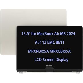 Screen Replacement 13.6" for MacBook Air M3 2024 A3113 EMC 8611 LCD Screen Display Complete Top Assembly (Starlight)