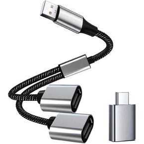 USB Splitter, USB 2.0 Male to Dual Female Cable Splitter, Multiple Hub, Data & Charger Power, with USB C Adapter, Compatible with iPhone 16/15, iPad, MacBook Pro/Air, Samsung Galaxy
