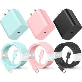 Compatible with iPhone16/15 Charger Fast Charging, 3 Pack 20W USB C Colorful Charger Block with 10 FT USB-C to C Cable for Phone16 15 Pro/Plus/Pro Max,Pad Pro 12.9/11 inch,Pad Air 5th-Pink/Green/Black