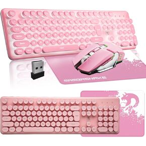 Wireless Rechargeable Keyboard and Mouse Set, FELiCON Pink Typewriter Style Keycap White Backlit Mechanical Feel Keyboard and 7D Adjustable DPI Mice with 4800mAh Battery for Laptop PC Gamer