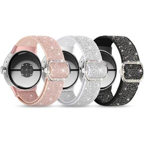 Bling Stretchy Nylon Band Compatible with Google Pixel Watch 3 41mm/Pixel Watch 2 Band/Google Pixel Watch Band,Soft Adjustable Sparkly Elastic Solo Loop Straps for Google Watch Band Women
