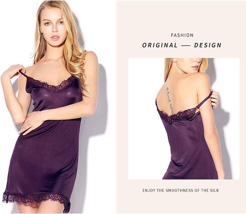 Zylioo Women's Mulberry Silk Lace Full Slips V-Neck Camisole Mini Under Dress Adjustable Spaghetti Strap Lingerie in Kuwait