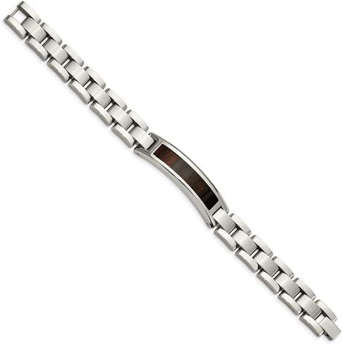 Jewels By Lux Polished Engravable Personalized Custom Stainless Steel Polished Enameled Black Koa Wood Link ID Bracelet For Men Length 8.5 inches Width 12 mm With Fold Over Clasp in Saudi Arabia