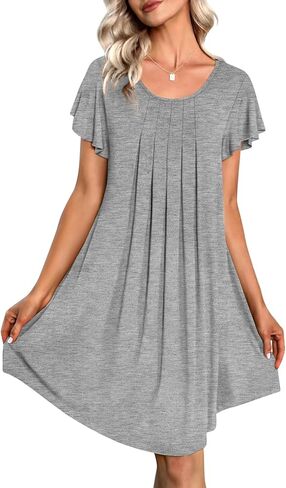 Ekouaer Womens Nightgown Soft Sleepwear Pleated Sleepshirt Sleep Dress Short Sleeve Nightdress S-3XL in Kuwait