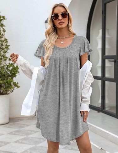 Ekouaer Womens Nightgown Soft Sleepwear Pleated Sleepshirt Sleep Dress Short Sleeve Nightdress S-3XL in Kuwait