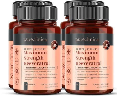 pureclinica 1000mg Resveratrol x 180 Tablets (2 Bottles of 90 Tablets Each - 6 Months Supply). 10 x Strength and with Black Pepper Extract for Faster Absorption in Saudi Arabia