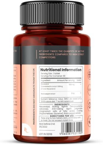 pureclinica 1000mg Resveratrol x 180 Tablets (2 Bottles of 90 Tablets Each - 6 Months Supply). 10 x Strength and with Black Pepper Extract for Faster Absorption in Saudi Arabia