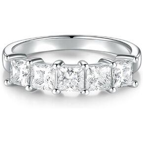 Eternity Moissanite Ring, Wedding Rings for Women, 2.0 Carat 5 Stone Moissanite Ring 925 Sterling Silver with 18K White Gold Plated D Color VVS1 Princess Cut Lab Created Diamond Half Eternity Engagement Wedding Band for Women Size 5-11