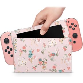 ZOOMHITSKINS Compatible with Switch Skin Cover Spring Flower Pink Vintage Fancy Daisy Pastel Vinyl Decal Sticker Wrap, Made in The USA