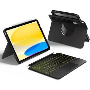 HOU iPad 10th Generation Case with Keyboard, Rotatable & Detachable Keyboard Case for iPad 10, Elastic Pen Holder, Full Protection Cover, 7-Colors Backlight