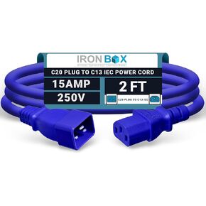 IronBox Electric C20 Plug to C13 IEC Connector Power Cord - 15A/250V, 14/3 AWG SJT - Heavy Duty Power Cable - Extension Cable - UL Listed Jumper Cord for Computer, Monitor & More (6ft, Blue)