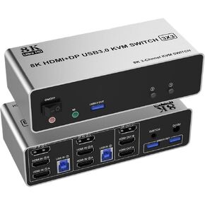 8K Displayport + 2 HDMI Triple Monitor KVM Switch 3 Monitors 2 Computers,8K@60Hz KVM Switch with Audio Mic and 3 USB 3.0 Ports(with EU Plug)