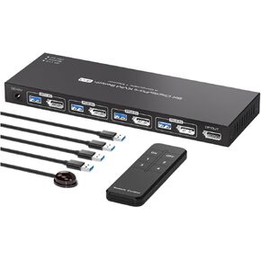 8K Displayport KVM Switch 1 Monitors 4 Computers 4K 144Hz 4x1 DP USB 3.0 KVM Switch for 4 PC Share Keyboard Mouse(EU Power Adapter)