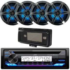 JVC Single DIN Marine Bluetooth AM/FM CD Stereo Receiver, 4x 6.5" 120 Watt Multicolor LED Boat Speakers w/ Chrome Grilles, Weathershield Radio Cover