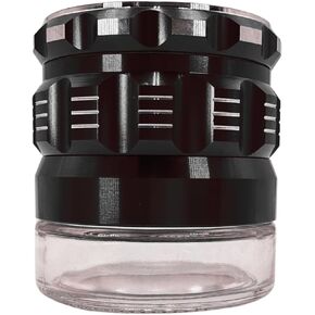 Spice Grinder. 2.5 inch herb grinder with jar attached. Jar offers a larger storage capacity. Aluminum alloy top and teeth with glass bottom.
