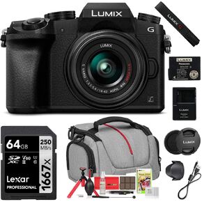 Panasonic LUMIX G7 Interchangeable Lens 4K Ultra HD DSLM Camera (Black) with 14-42mm Lens Bundle with Deco Gear Camera Bag and Accessories and Lexar 64GB SDXC Memory Card