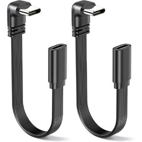 2 Packs 8inch/20CM 90 Degree Type-C Extension Cables Flat, Soft Right Angle USB-C to USB-C Cable Male to Female,Supporting 100W Fast Charging, Suitable for Mobile Phones, Tablets.
