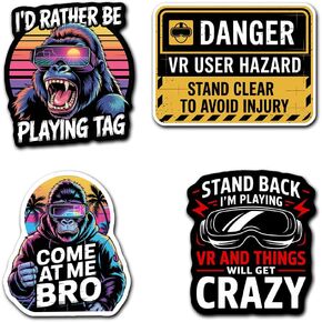 (Set of 4) I'd Rather Be Playing Tag Gorilla Sticker, Come at Me Bro Decal Gift, VR Player Virtual Reality User Hazard Gamer Funny Warning Stickers 3 Inches