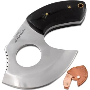 Handmade Full Tang Mini Ulu Fixed Blade Skinner Hunting Knife Curved Horn Handle Sheath