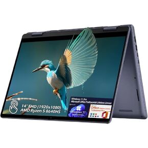 Dell Inspiron 2-in-1 14" IPS LED FHD Touch Laptop, AMD Ryzen 5 8640HS 6core, 64GB RAM 1TB SSD, WiFi 6E, Backlit KB, Fingerprint, Win11Pro Office Lifetime License, Midnight Blue, Stylus Pen, W/GaLiMu