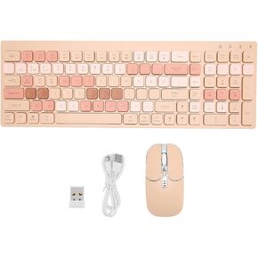 Wireless Ergonomic Keyboard Mouse Combo, Silent Cordless 2.4G Round Keycaps, Quiet Click, for Phone Tablet Office (Brown)