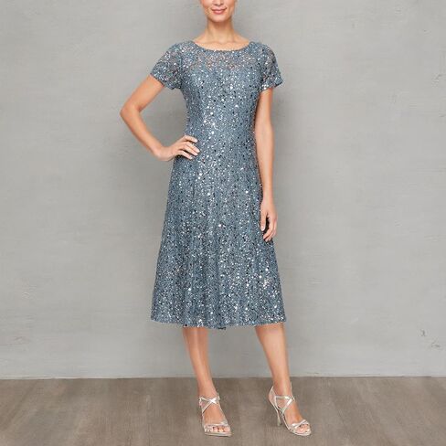 S.L. Fashions Women's Tea Length Cap Sleeve Sequin Lace A-Line Dress, Steel Blue in Saudi Arabia