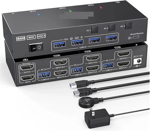 مراقب مزدوج KVM Switch USB 3.0 HDMI CONPATING KVM SWITCH 2 شاشات 3 Computer EDID EDID 4K@60HZ 2K@144HZ USB HUB Flitter (US PLUP) in Kuwait