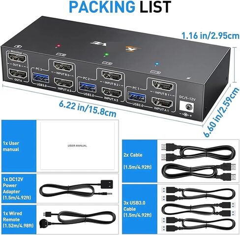 مراقب مزدوج KVM Switch USB 3.0 HDMI CONPATING KVM SWITCH 2 شاشات 3 Computer EDID EDID 4K@60HZ 2K@144HZ USB HUB Flitter (US PLUP) in Kuwait