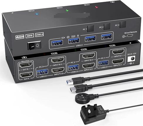 مراقب مزدوج KVM Switch USB 3.0 HDMI CONPATING KVM SWITCH 2 شاشات 3 Computer EDID EDID 4K@60HZ 2K@144HZ USB HUB Flitter (US PLUP) in Kuwait