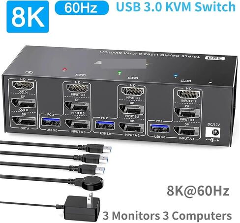 KVM Switch 3 Computers 3 Monitors HD-MI+ DisplayPort USB 3.0 KVM Switcher 8K@60Hz/4k@144Hz Triple Monitor DP KVM for 3 PC(EU Plug) in Kuwait