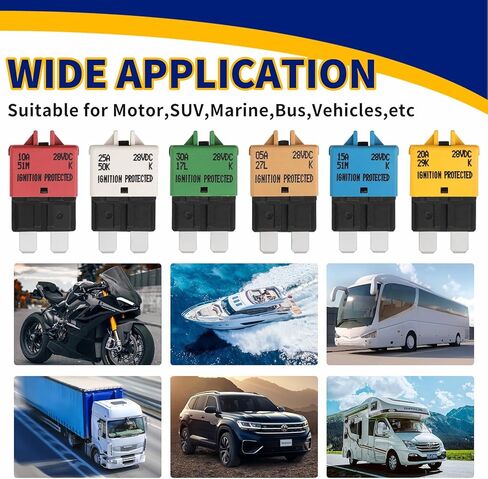 قاطع الدائرة الكهربائية Tiooka E73 DC 28V يدوي Rese Mini ATM Blade Style قواطع دوائر فيوز عدة 6 قطع 5A 10A 15A 20A 25A 30A للقوارب البحرية RV يخت بطارية مقطورة حافلة شاحنة in Kuwait