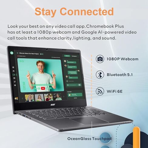 acer Chromebook Plus 514 Laptop with Google AI, Intel 8-Core i3-N305, 8 GB LPDDR5, 512 GB SSD, 14" FHD 1920 x 1080 IPS Touch Screen, Wi-Fi 6E, 1080P Webcam, Chrome OS, 1080p Webcam, Long Battery Life in Saudi Arabia