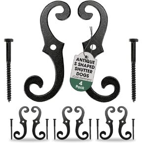 Renovators Supply Black Shutter Dog Holders 6.5" Long Antique Decorative S Style Solid Aluminium Black Rust Resistant Powder Coated External Shutter Tieback Hardware with Mounting Screws Pack of 4 in Kuwait