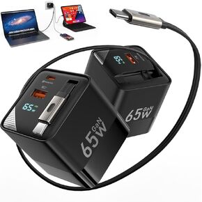 65W USB C Charger, 3 in 1 GaN Retractable Wall Charger Plug PD PPS Type C Cable and Dual Port, Travel Portable Fast Charging Block for MacBook Pro/Air, iPad,i-Phone 16 15,Galaxy,Pixel, Tablet