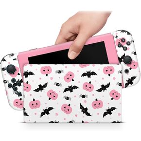 ZOOMHITSKINS Compatible with Switch Skin Cover, Cute Kawaii Pastel Pink White Halloween Pumpkin Bat Spider Star, 3M Vinyl Decal Sticker Wrap, Made in The USA