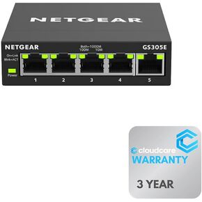 NETGEAR GS305 5-Port Gigabit Ethernet 𝐔𝐧𝐦𝐚𝐧𝐚𝐧𝐚𝐠𝐞𝐝 𝐒𝐰𝐢𝐭𝐜𝐡 | Plug-and-Play | Cloud Care's 3 Year Warranty SupportPlus Included