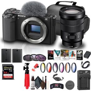 Sony ZV-E10 Mirrorless Camera (Body Only, Black) (ILCZV-E10/B) + Sony 18-105mm Lens + 64GB Memory Card + Color Filter Kit + Filter Kit + Photo Software + Bag + NPF-W50 Battery + More