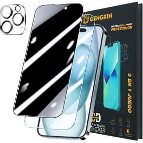 Privacy Screen Protector (1pcs) for iPhone 15 (6.1"), Tempered Glass Film (1pcs) and Camera Lens Protector (1pcs), 3pcs total.