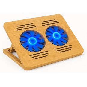 Bamboo Laptop Cooling Pad for 13-16 Inch | Dual Silent Fans with Blue LED | Adjustable Height | USB Ports | Portable Stand