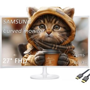 SAMSUNG 27" CF391 Series Curved LED Monitor, 60Hz Refresh Rate, 4ms Response Time, Slim Bezel Design, HDMI, VGA, Eye Saver, White, with HDMI Cable