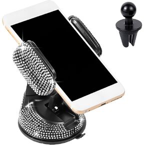Bling Phone Holder for Car, Rhinestone Cell Phone Holder for Dashboard Windshield, 360° Adjustable Car Phone Mount with Air Vent Base, Universal Phone Holder Car Accessories (White)